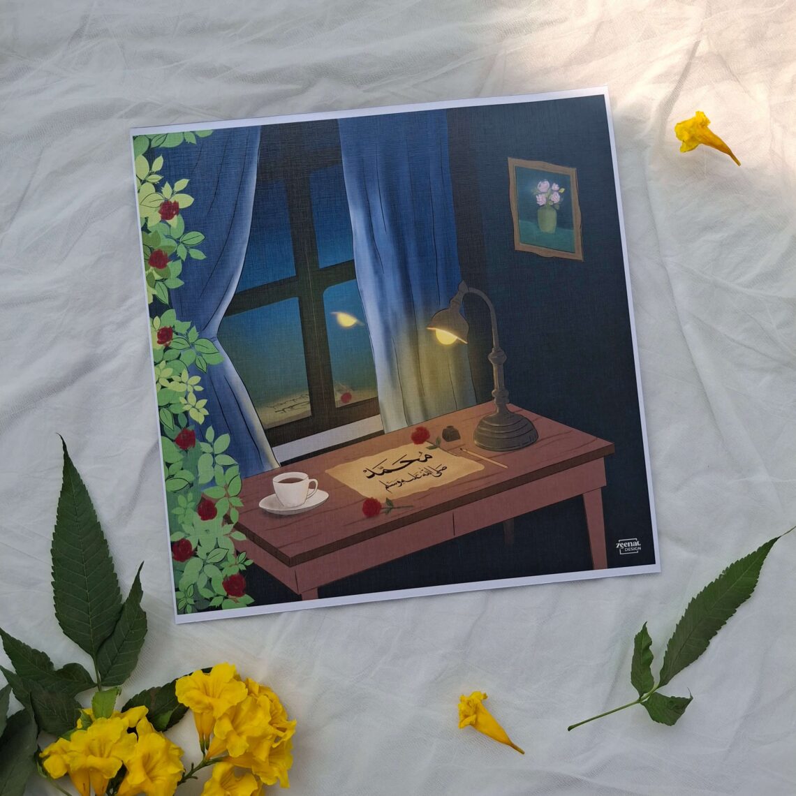 Peaceful Illustration artwork of a desk with Durood written on paper, encouraging writing and reciting salawat.